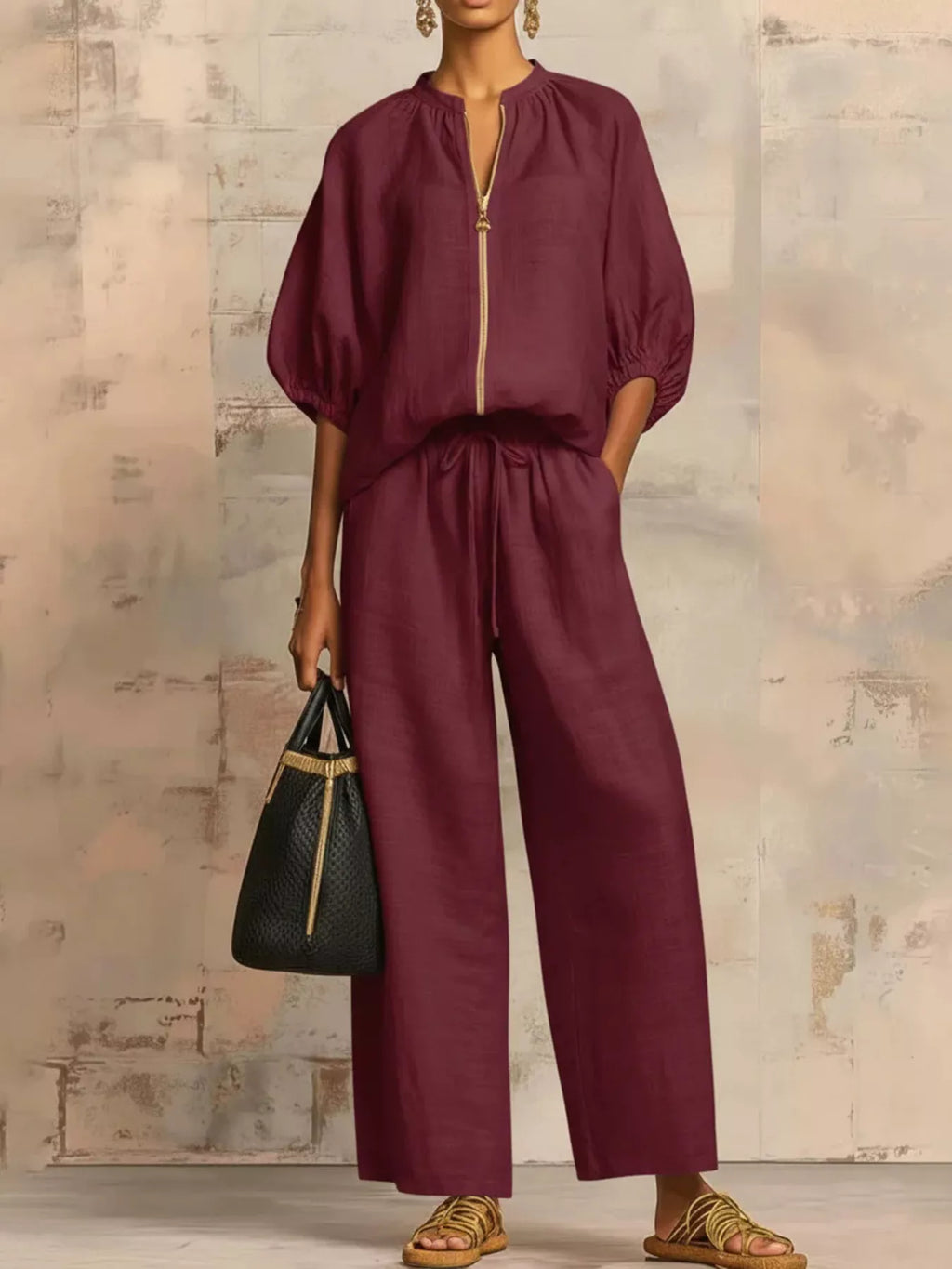 Full Size Zip-Front Top and Wide-Leg Pants Set Plus Size