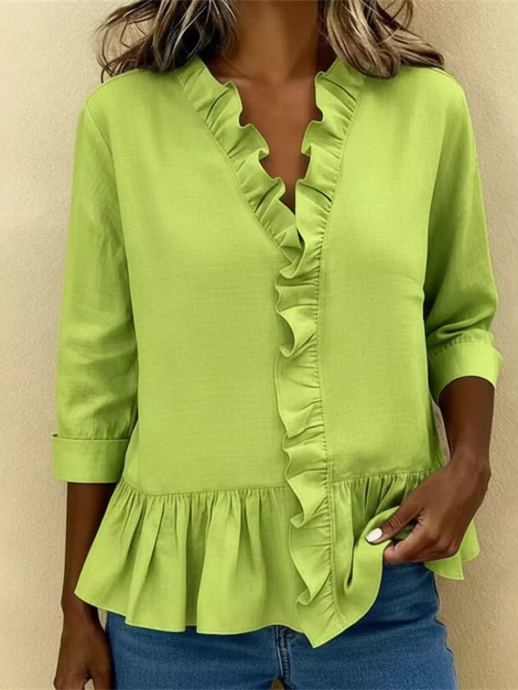 Full Size Ruffled V-Neck Long Sleeve Blouse Plus Size