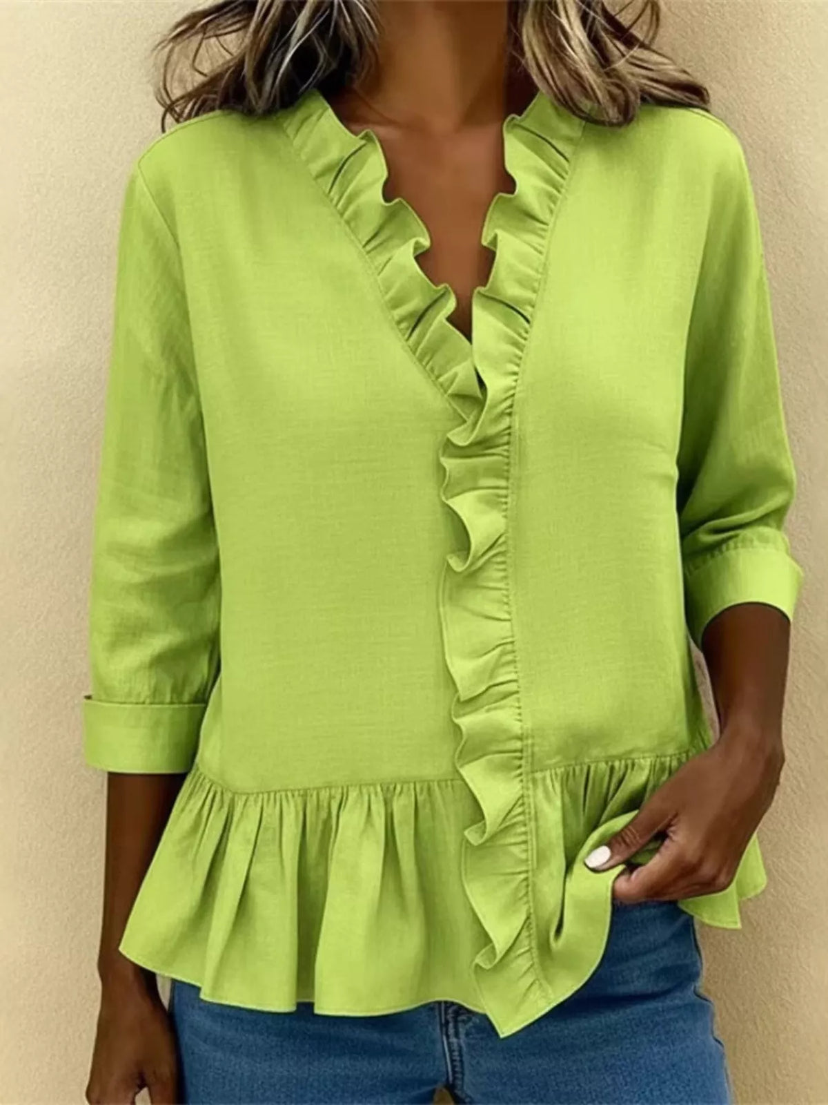 Full Size Ruffled V-Neck Long Sleeve Blouse Plus Size