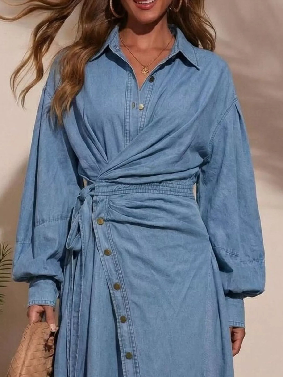 Long Sleeve Wrap-Front Denim Dress