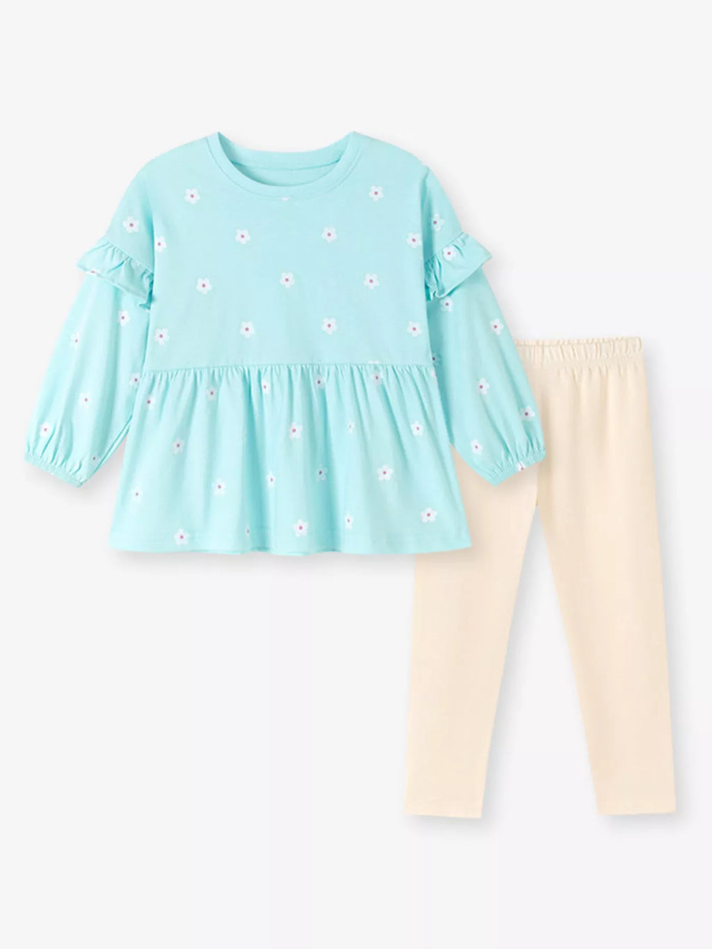 Children's Flower Balloon Sleeve Peplum Top and Pants Set