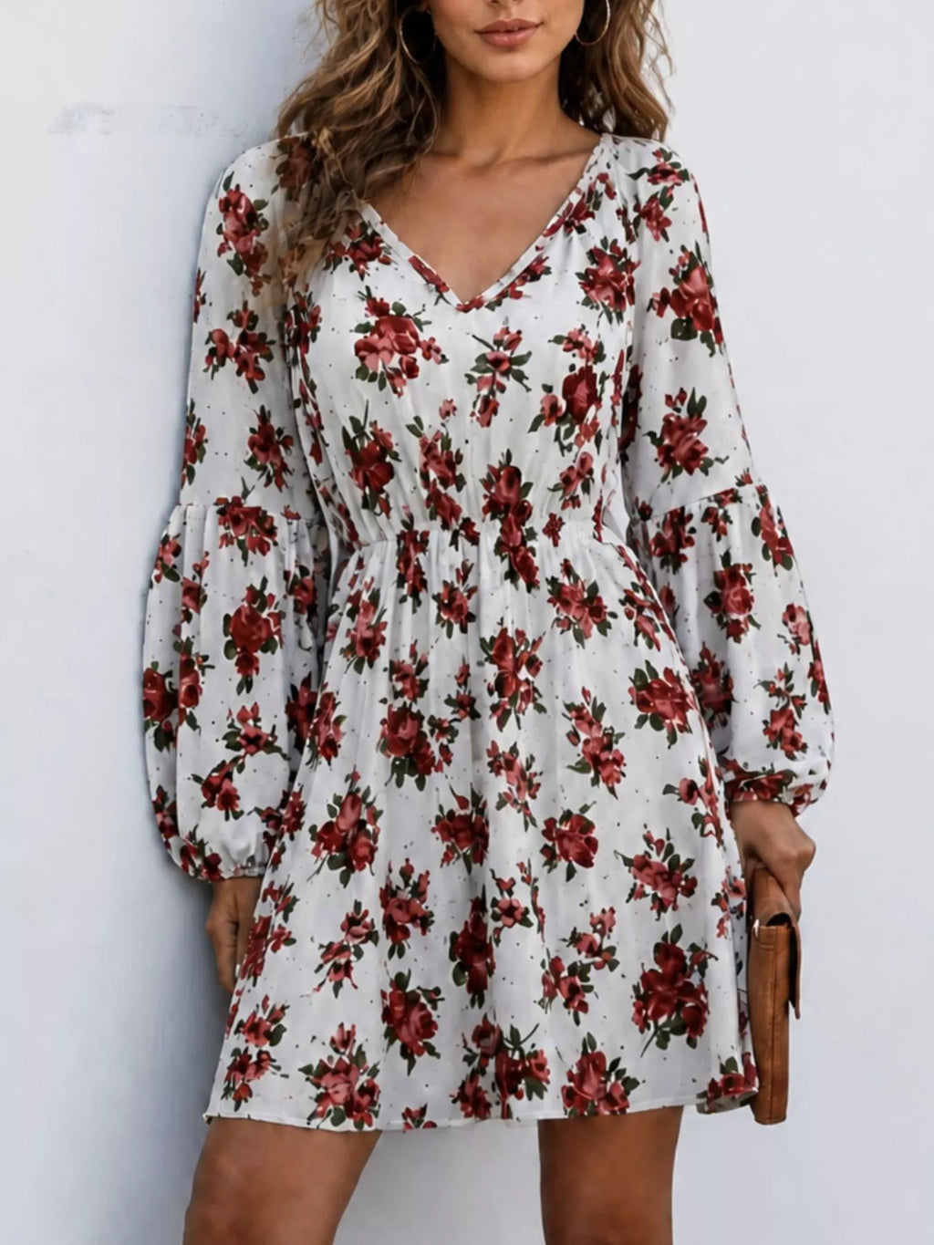 Floral Print V-Neck Long Sleeve Mini Dress