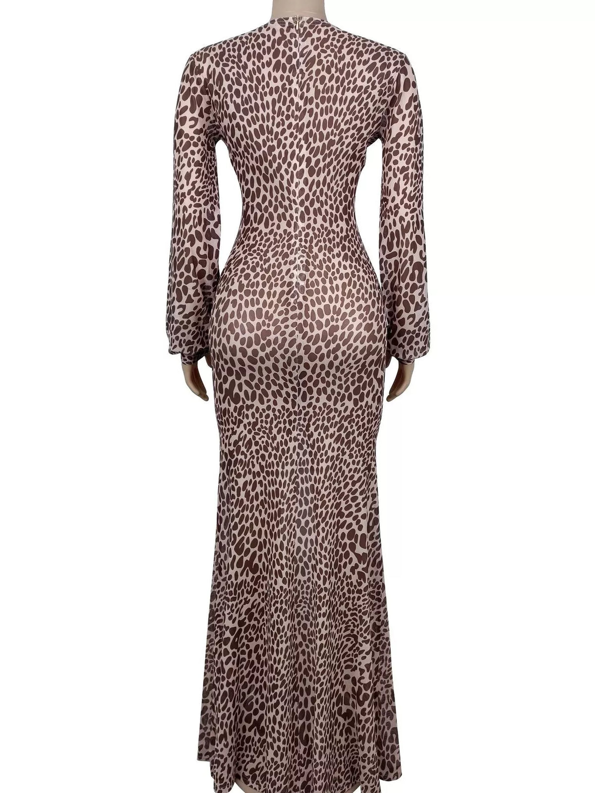 Leopard Print Deep V-Neck Long Sleeve High Slit Maxi Dress