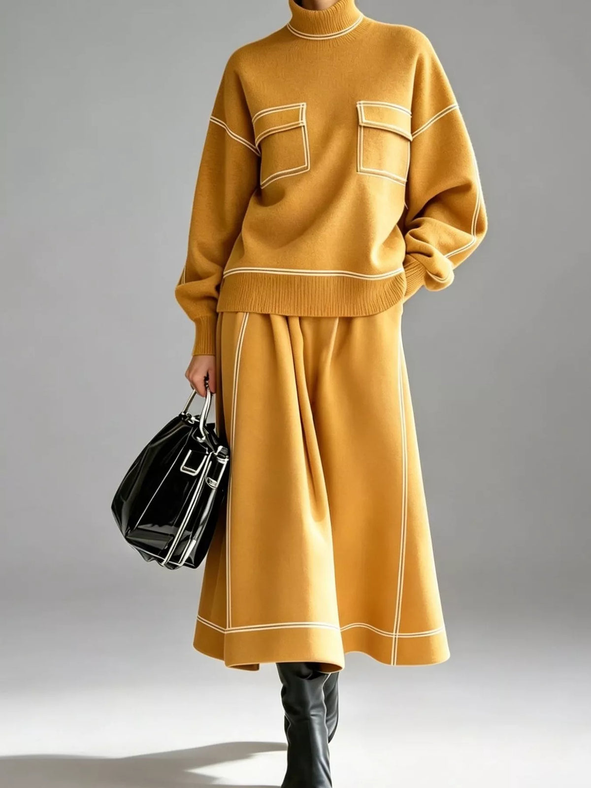 Turtleneck Knit Top and Midi Skirt Set