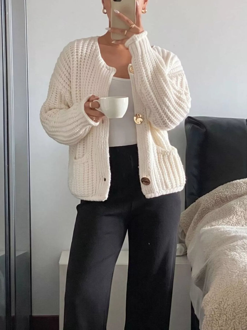 Ribbed Knit Cardigan with Gold-Tone Buttons
