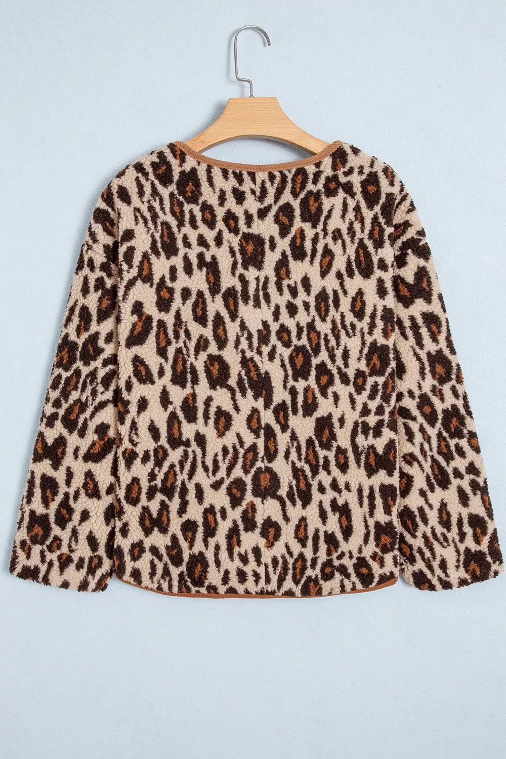 Leopard Plush Corduroy Trim Long Sleeve Jacket