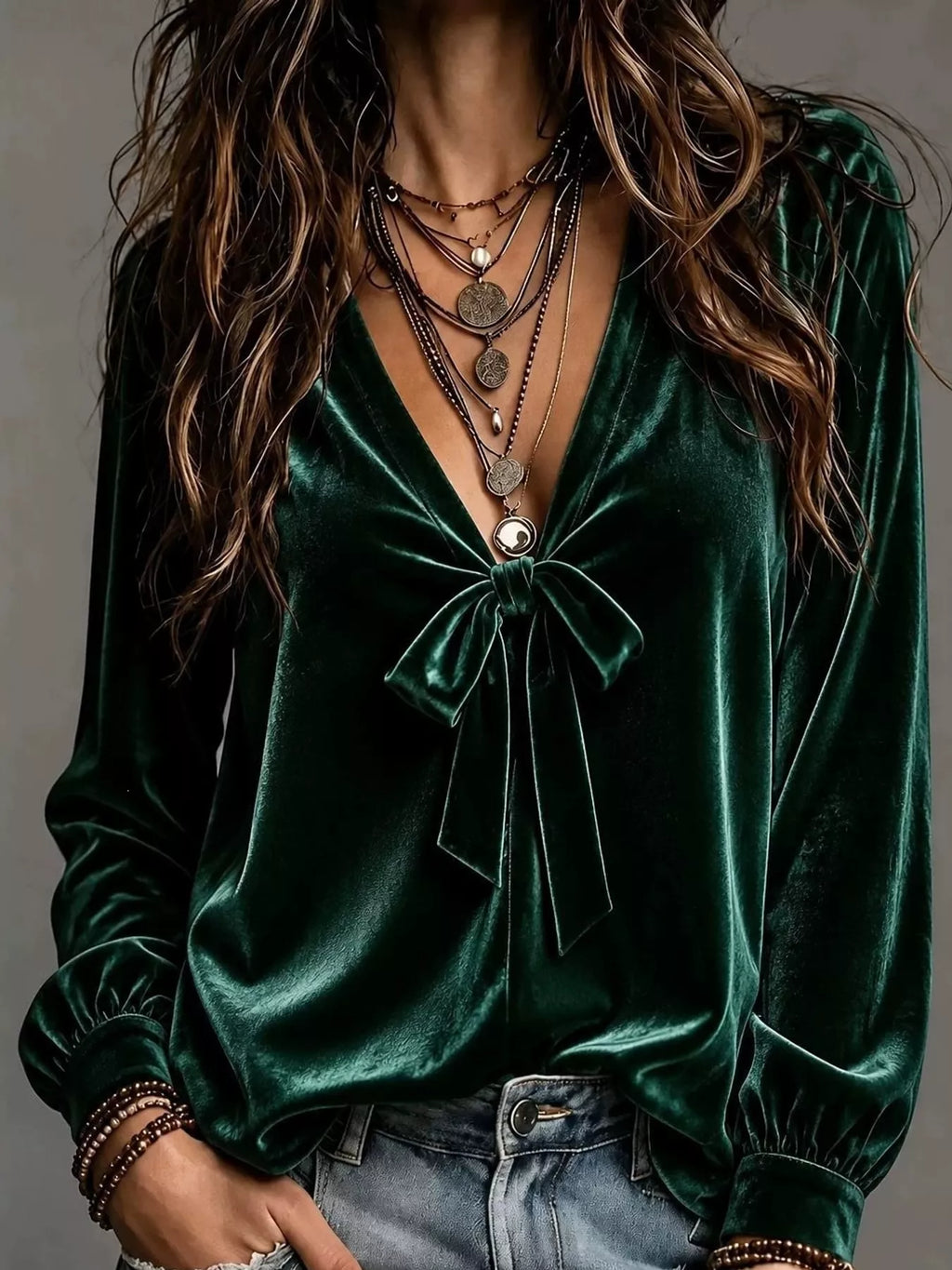 Front Bow Tie Detail V-Neck Top
