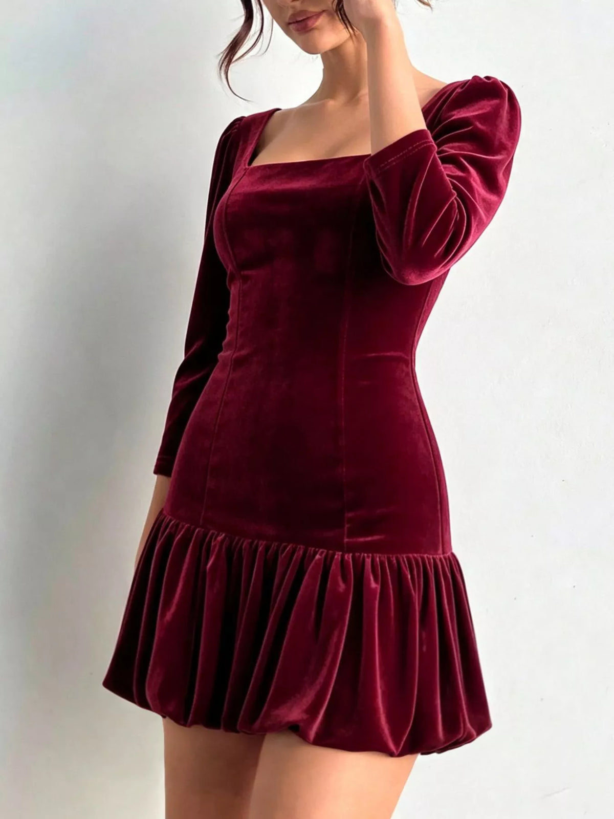 Christmas Velvet Square Neck Mini Dress with Ruffled Hem
