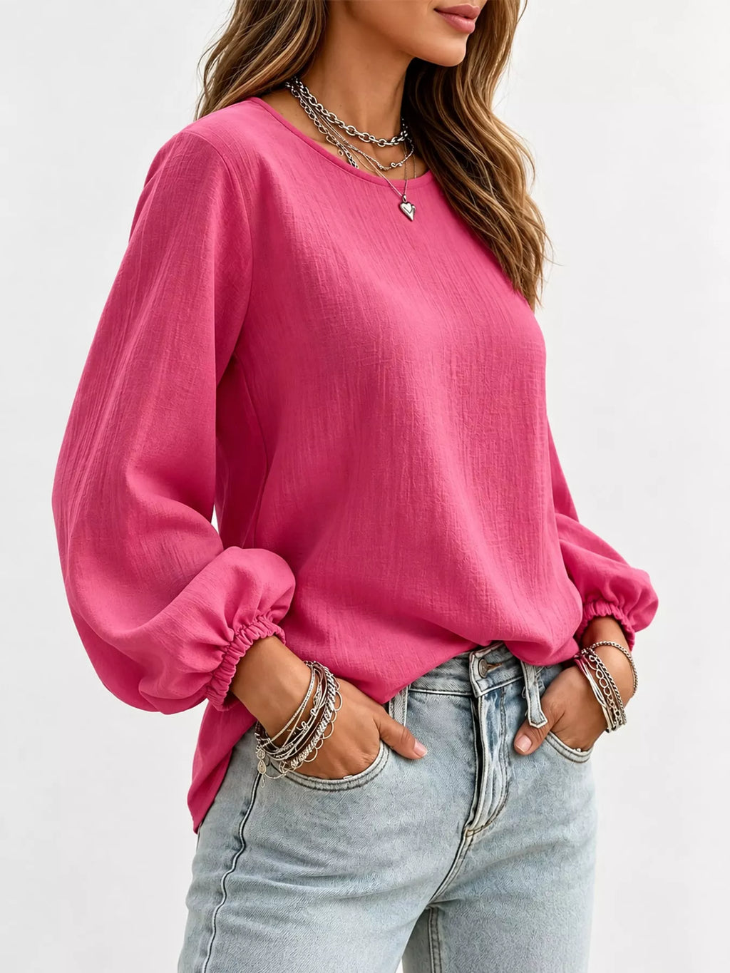 Full Size Elasticated Cuffs Long Sleeve Blouse Plus Size