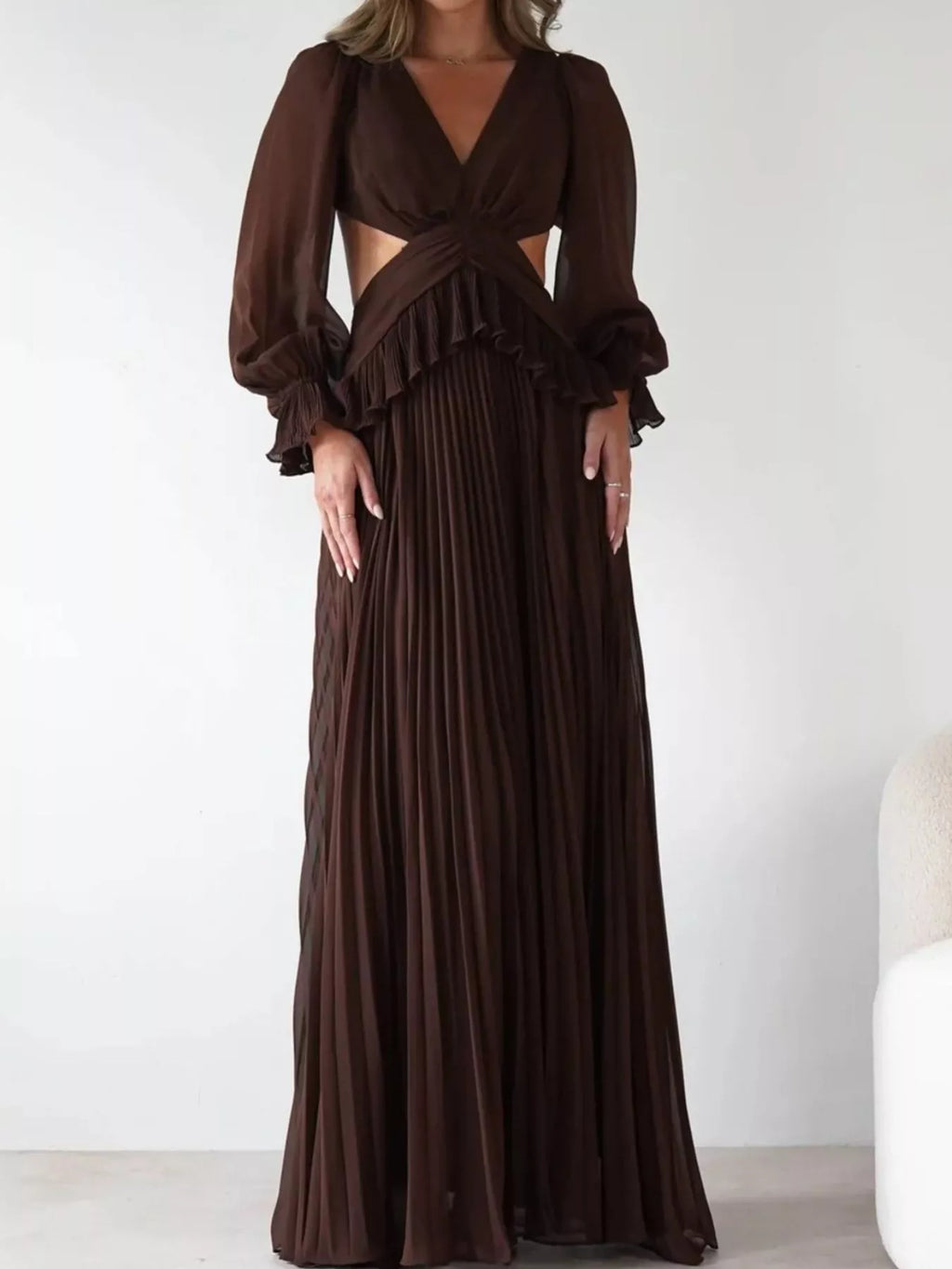 Backless Pleated Long Sleeve Maxi Dress