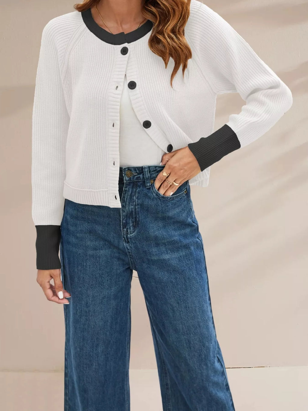 Color Block Ribbed Knit Button-Front Cardigan