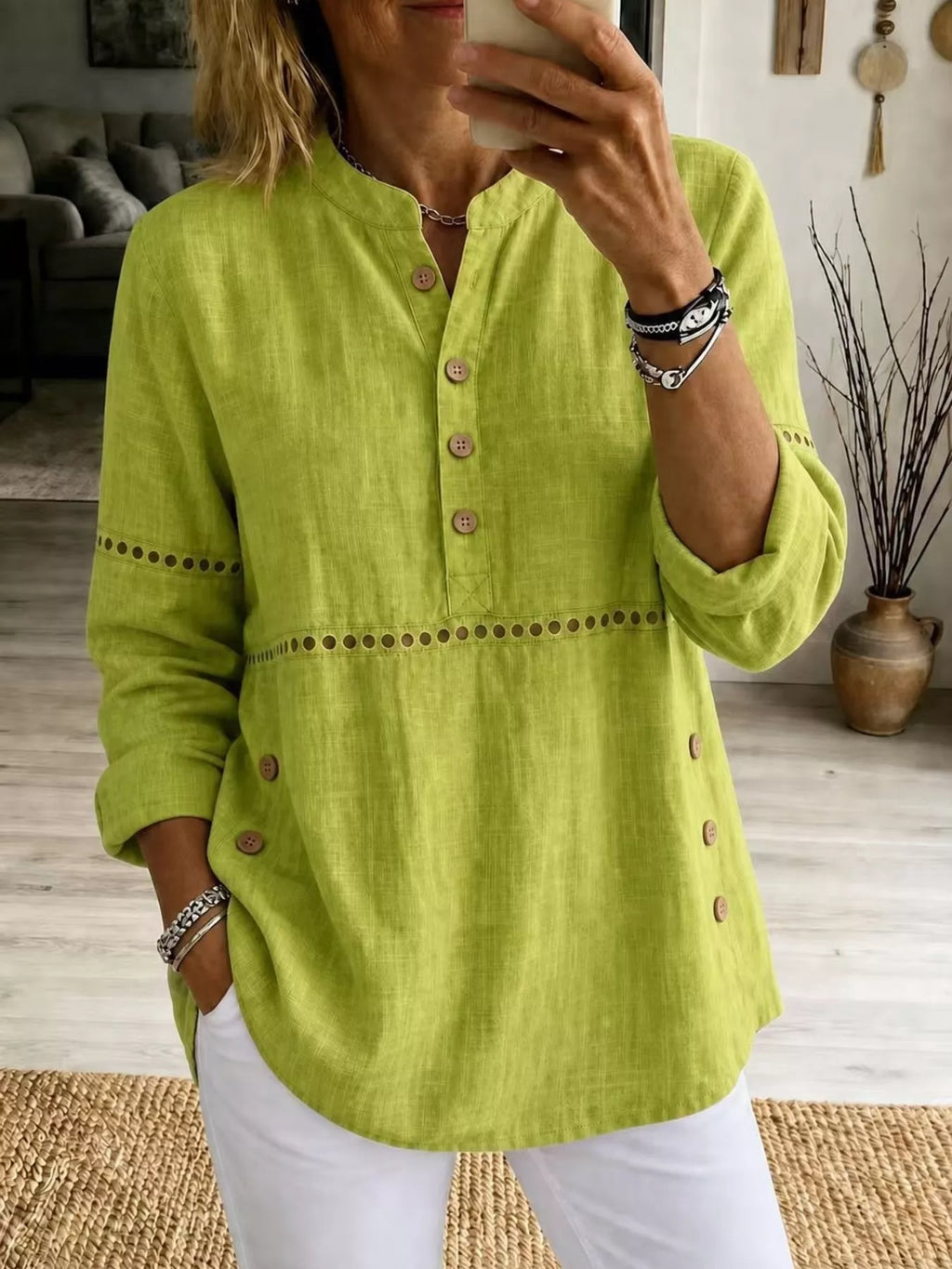 Full Size Button Detail Eyelet Long Sleeve Blouse Plus Size