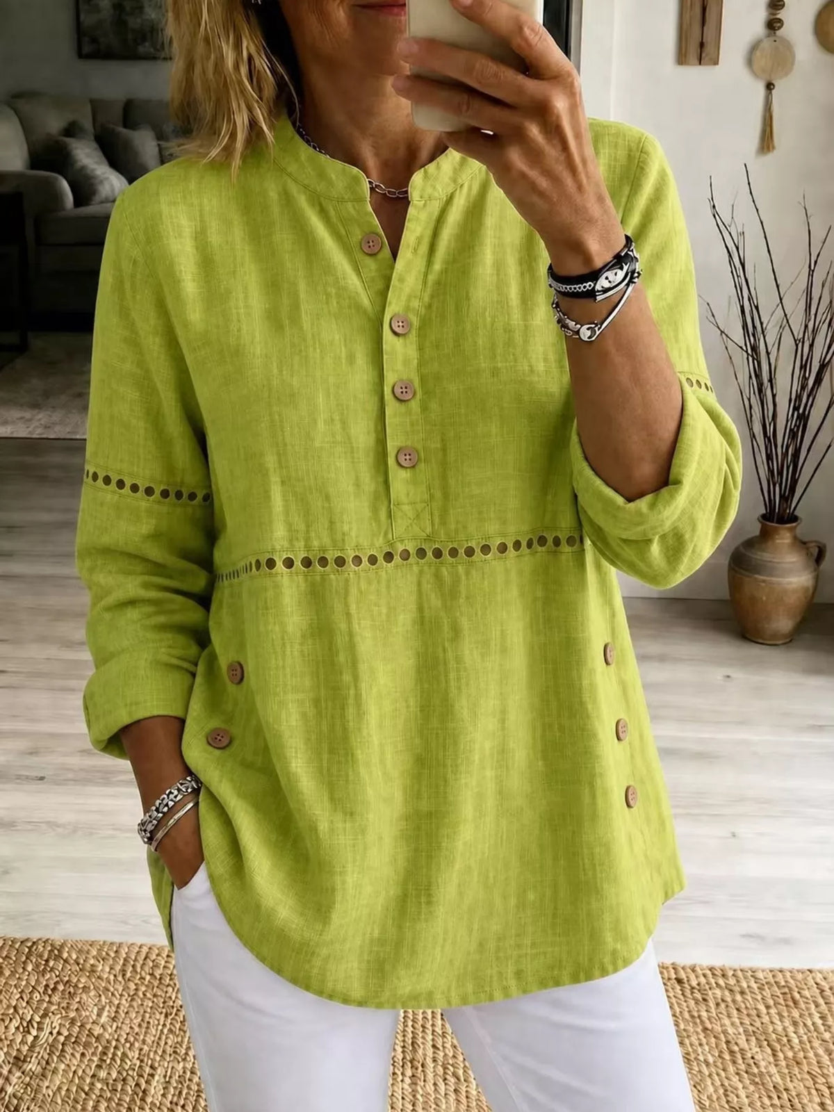 Full Size Button Detail Eyelet Long Sleeve Blouse Plus Size