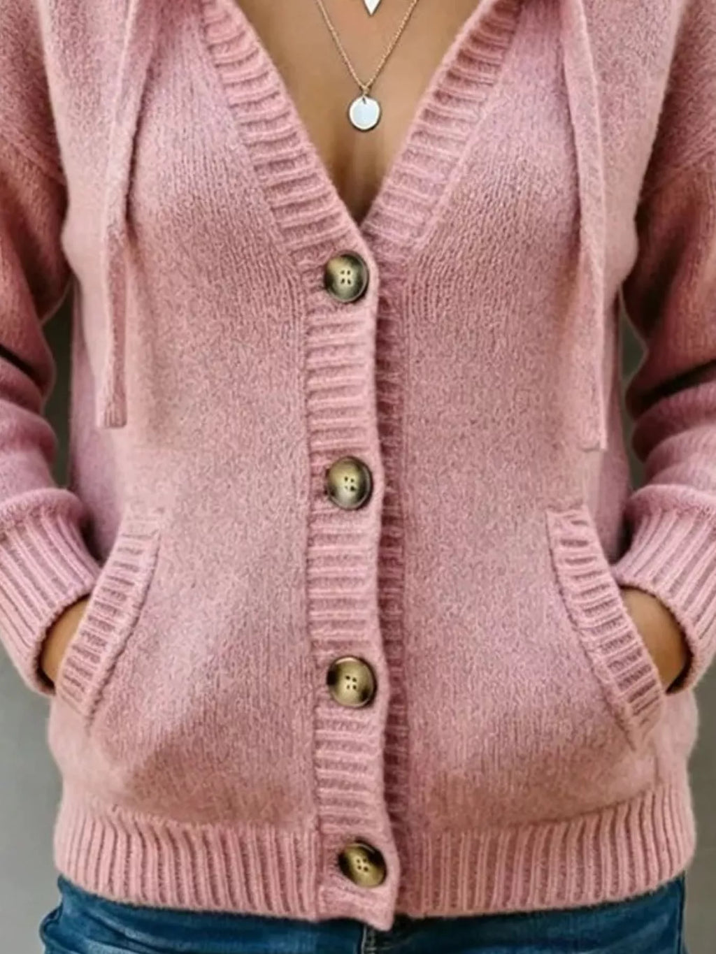 Hooded Button-Down Knit Cardigan with Pockets