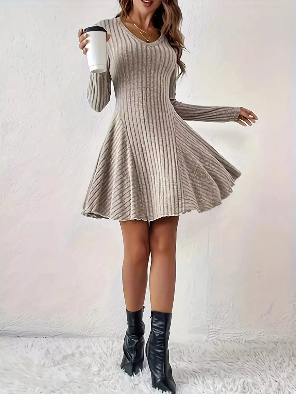 V-Neck Ribbed Knit A-Line Dress