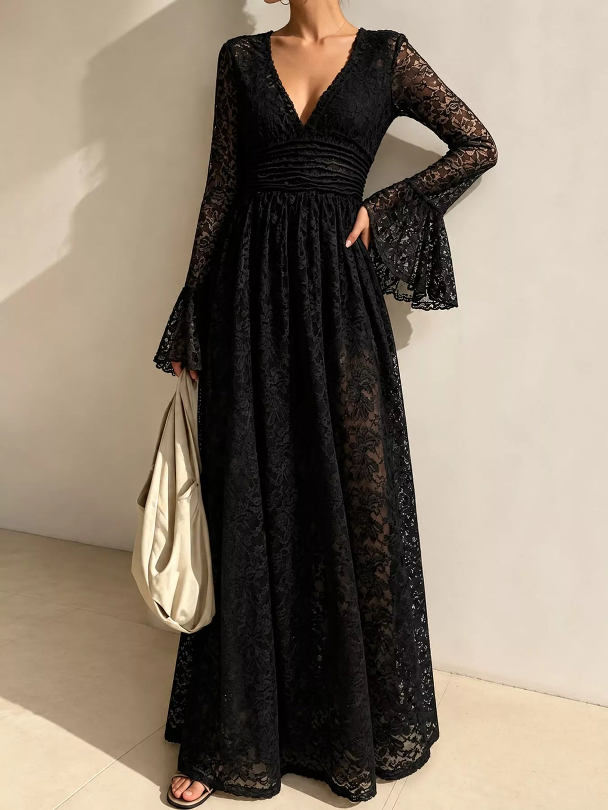 V-Neck Lace Flare Sleeve Maxi Dress