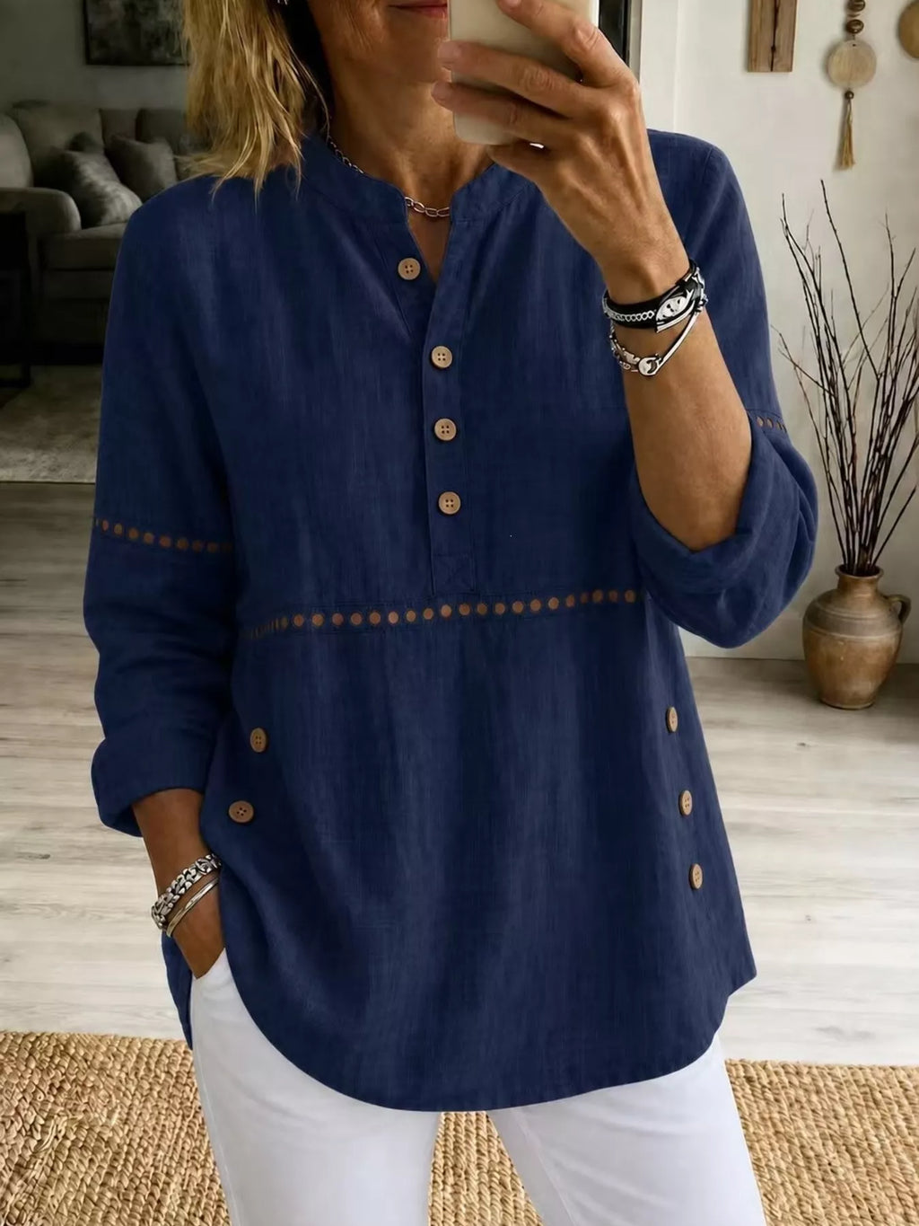 Full Size Button Detail Eyelet Long Sleeve Blouse Plus Size