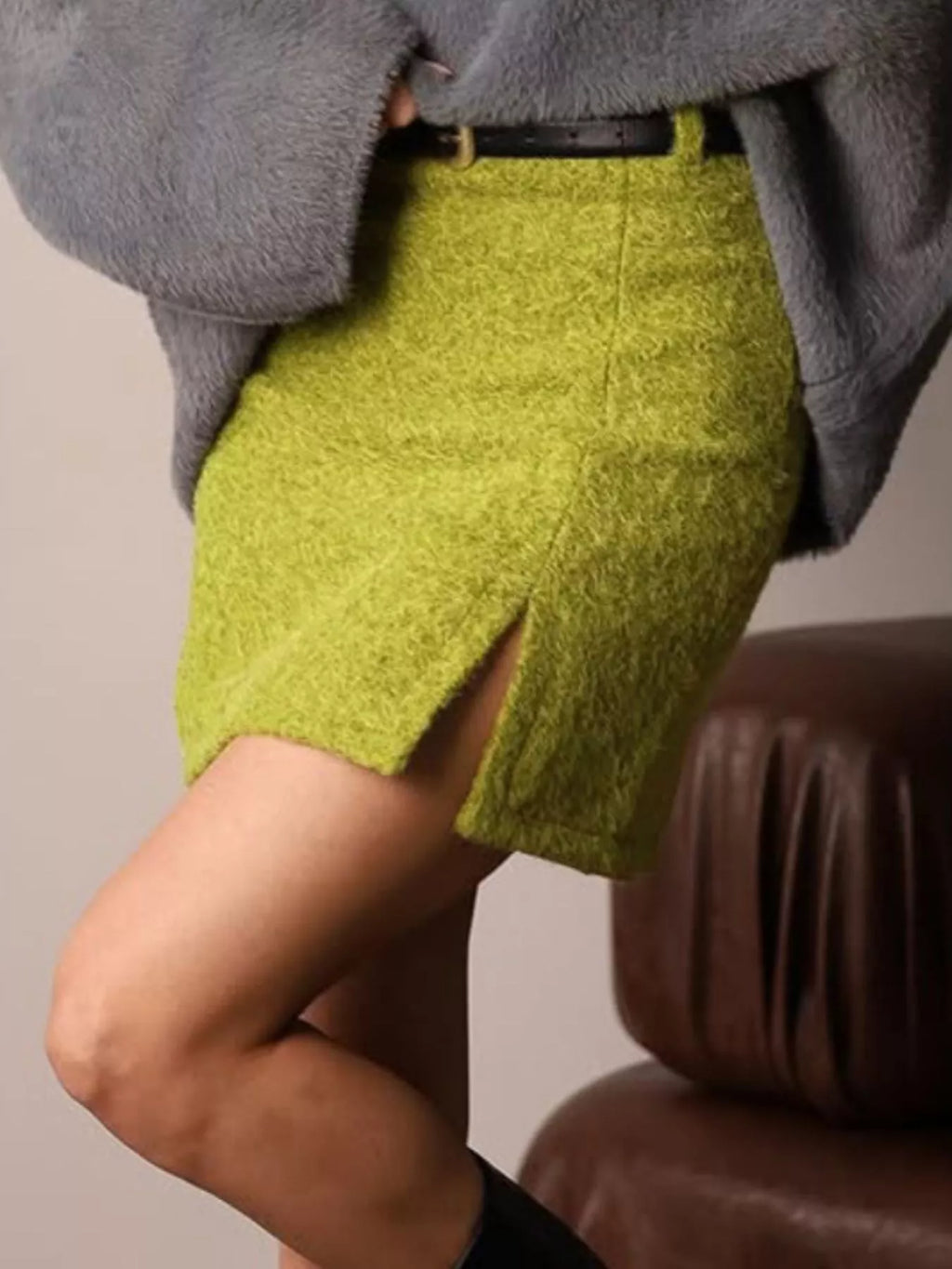 Textured Mini Skirt with Front Slit