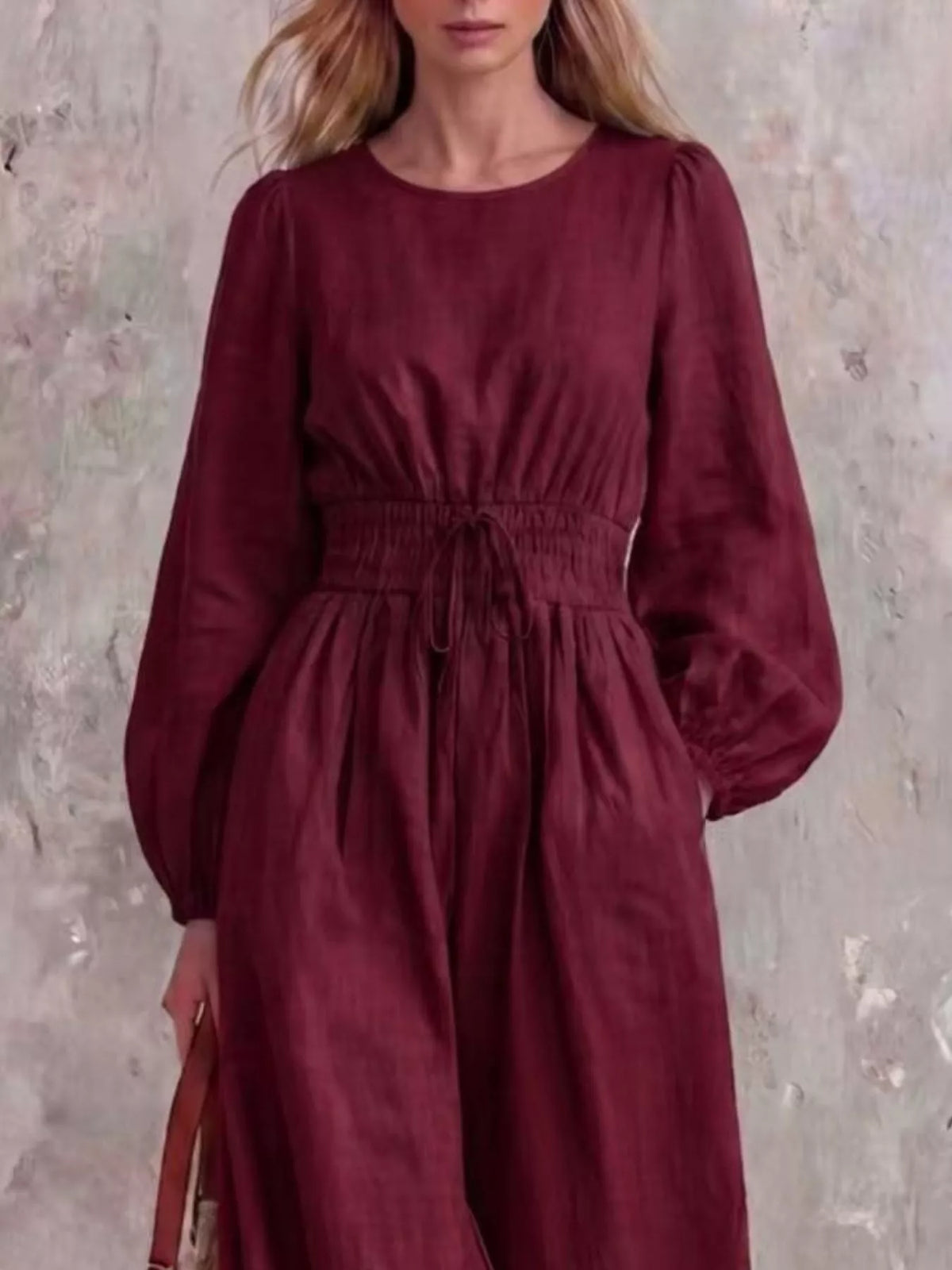 Smocked Waist Long-Sleeve Jumpsuit