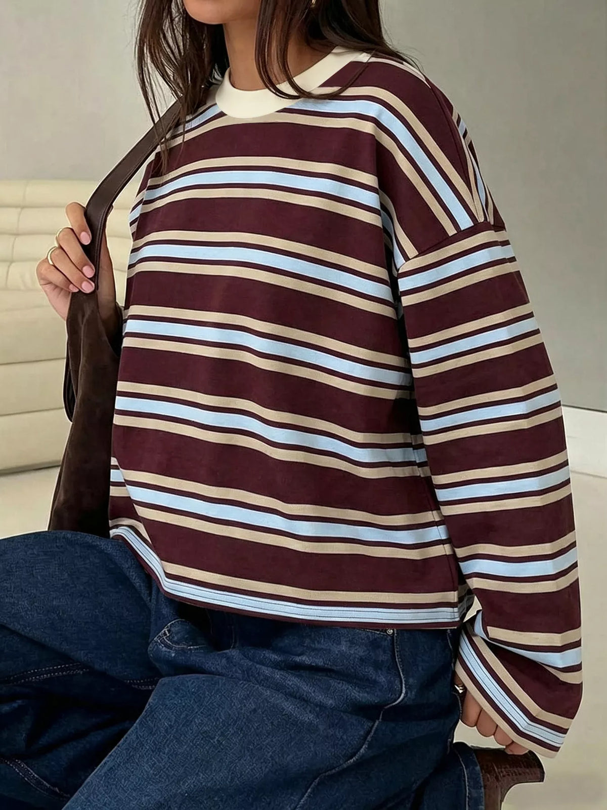 Full Size Casual Long-Sleeve Striped Crew Neck T-Shirt Plus Size