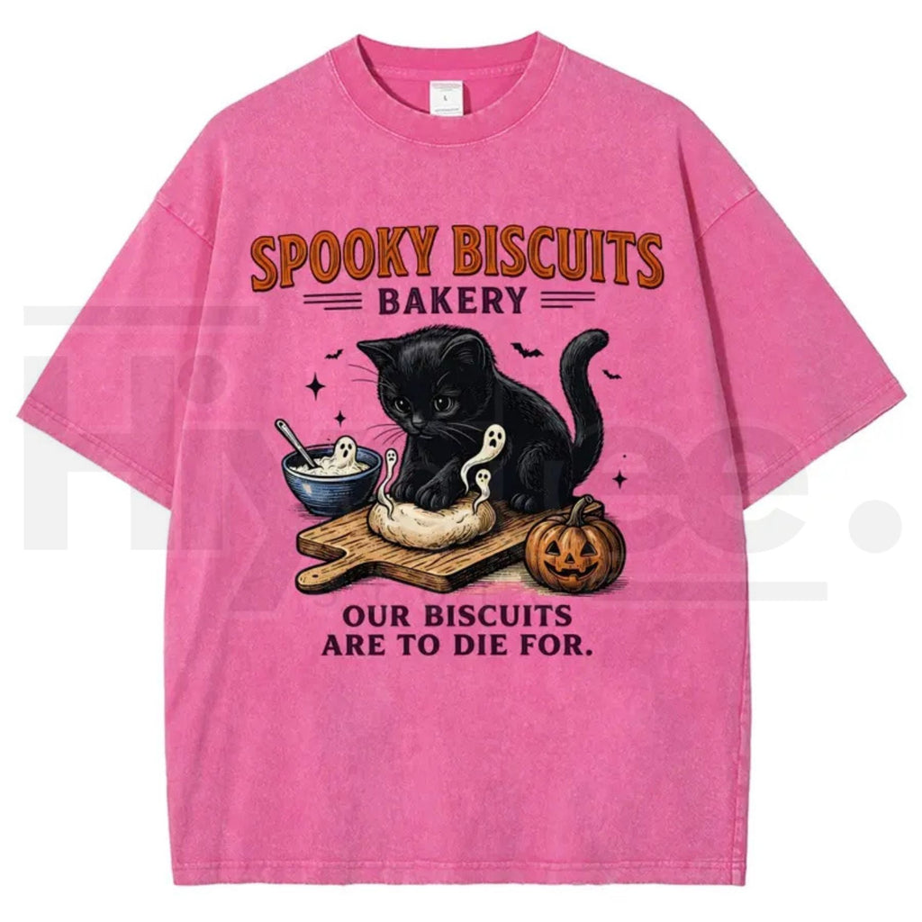 Men's Spooky Biscuits Black Cat Halloween T-Shirt – Vintage Brown Acid-Wash Oversized Cotton Tee