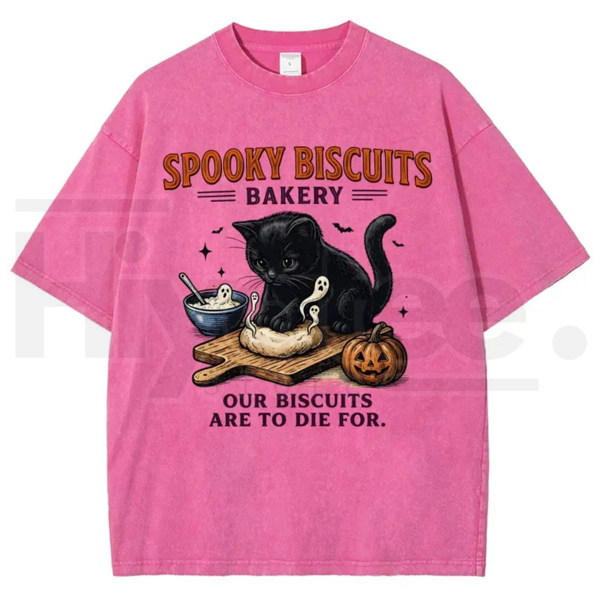 Men's Spooky Biscuits Black Cat Halloween T-Shirt – Vintage Brown Acid-Wash Oversized Cotton Tee