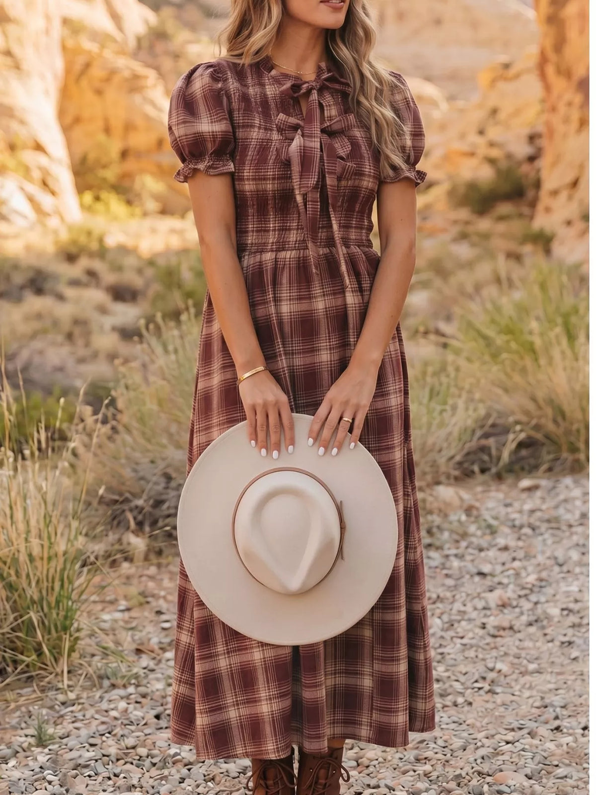 Plaid Knot Front Smocked High Waist Midi Dress