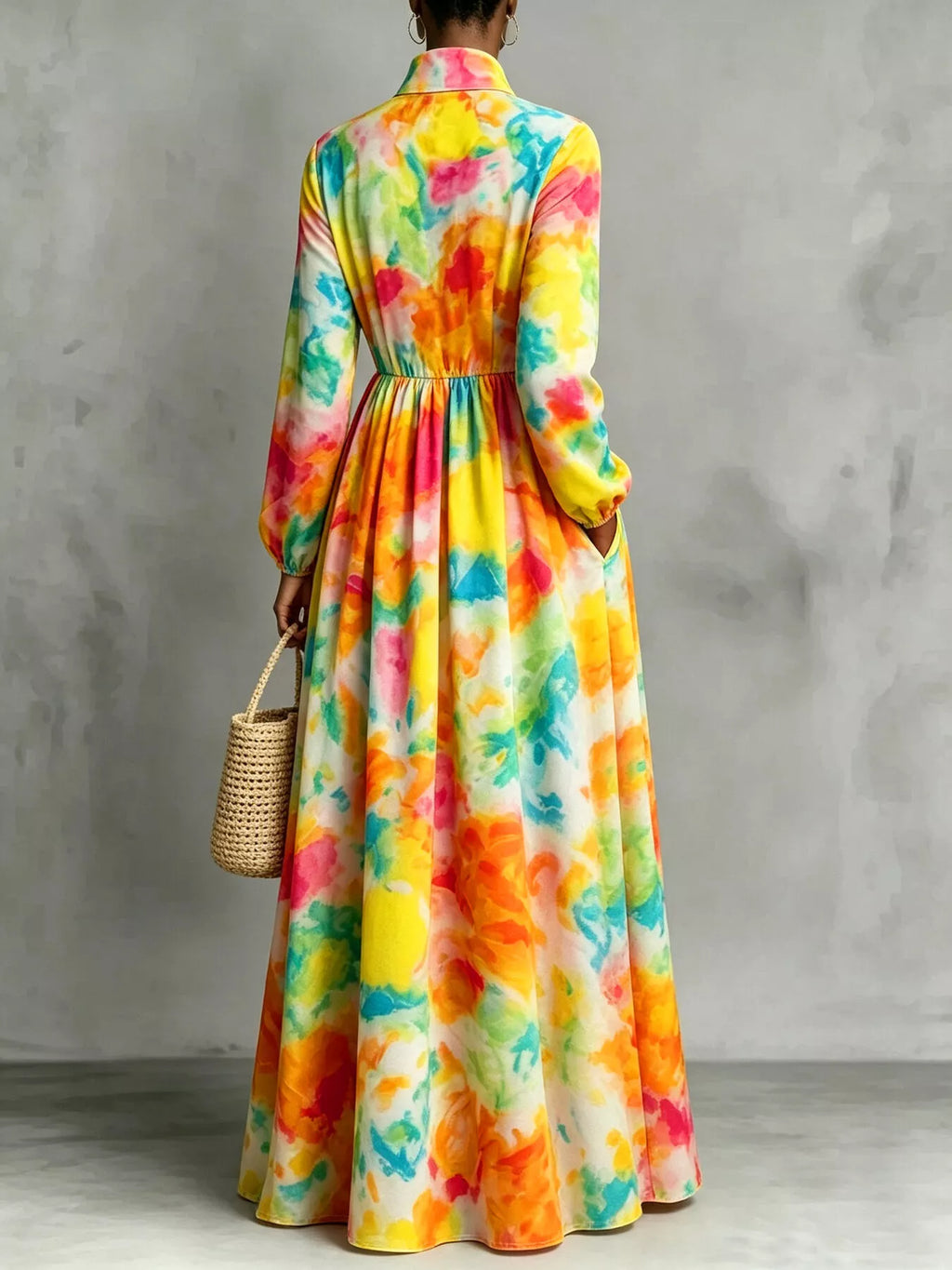 Watercolor Print Long-Sleeve Button-Down Maxi Dress