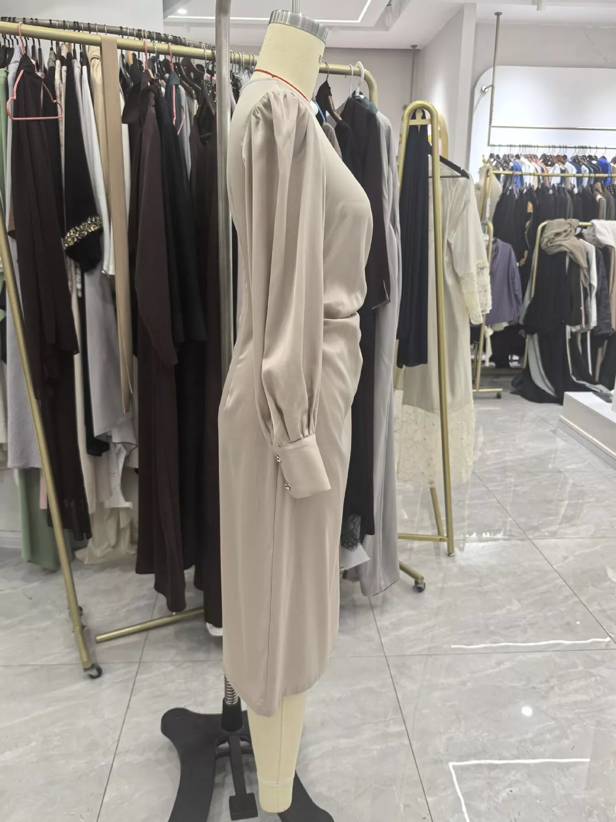 Long Sleeve Satin Ruched Midi Dress