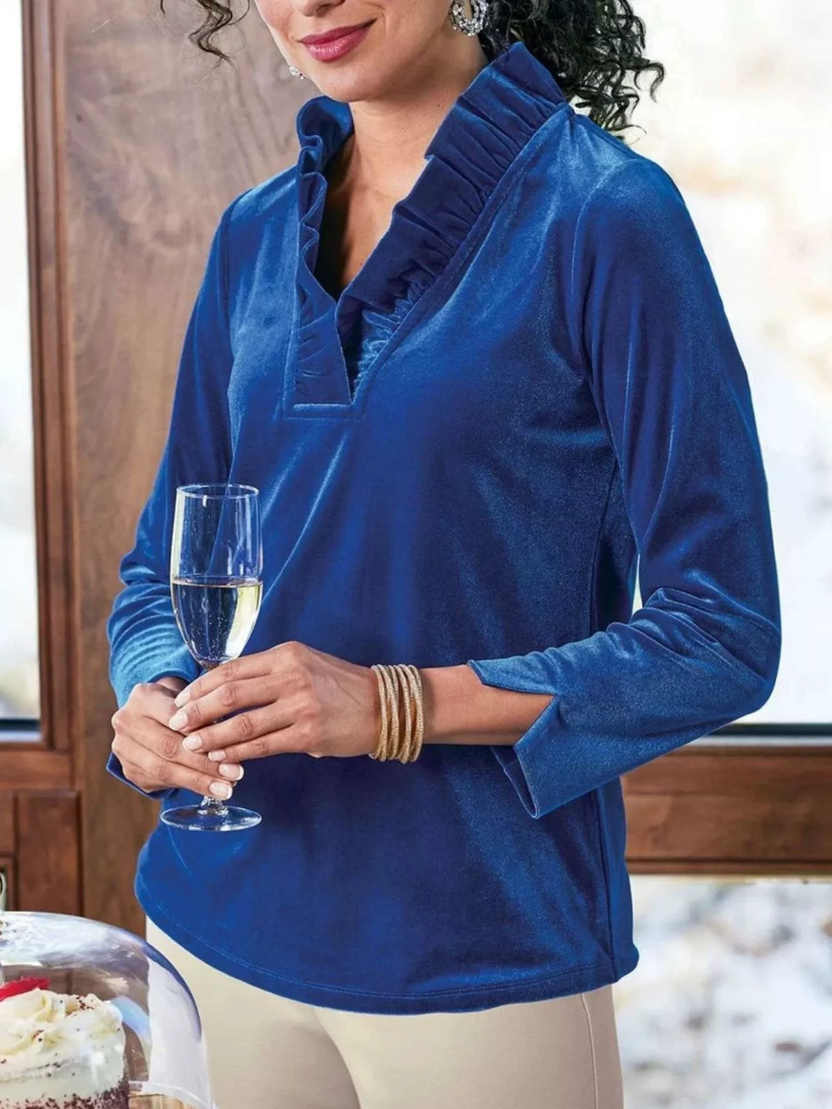 Velvet Long Sleeve Blouse with Ruffled V-Neck