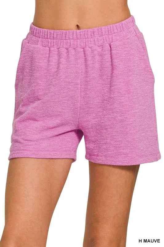 Mauve Cotton Slub Drawstring Shorts with Pockets