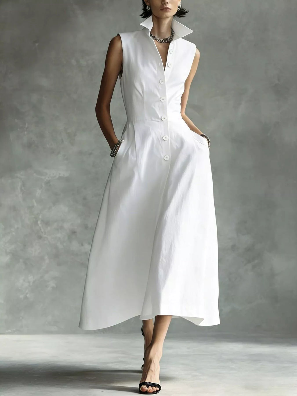 Sleeveless Button-Down Midi Shirt Dress