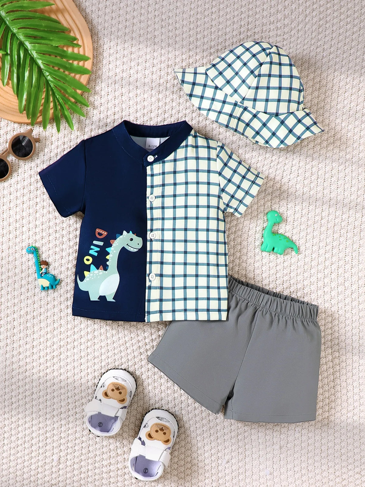 Children's Hat Dinosaur Plaid Button Up Top and Shorts 3-Piece Set