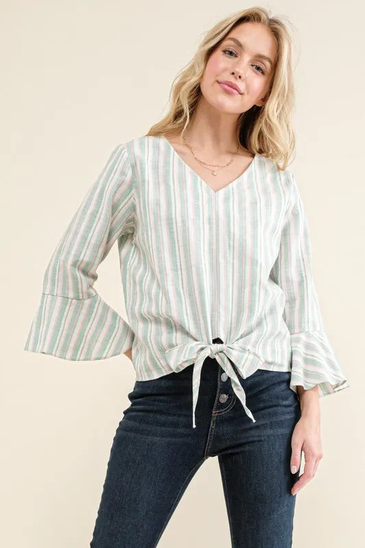 Striped Bell Sleeve Top with Tie Knot Front