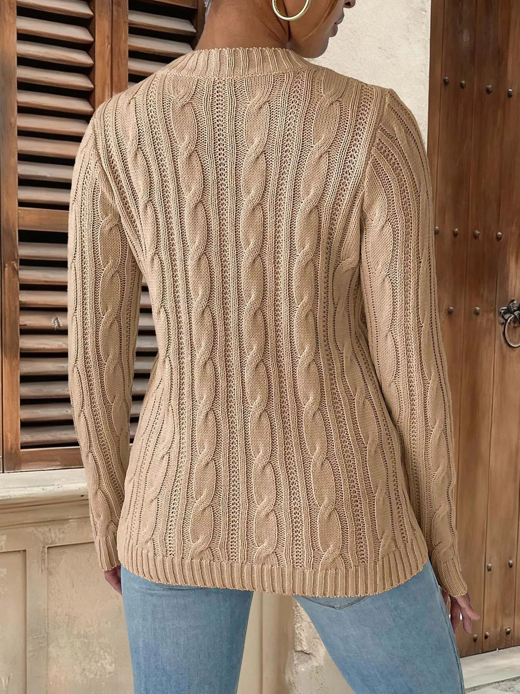 Strawberry Embellished Cable Knit Round Neck Sweater