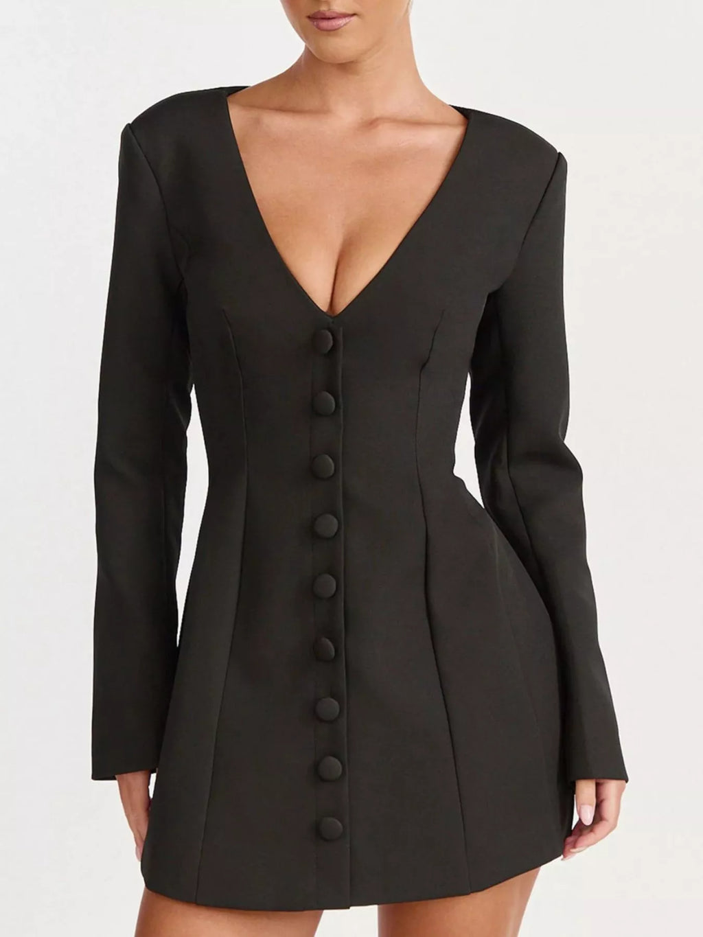 Deep V-Neck Button-Down Blazer Dress