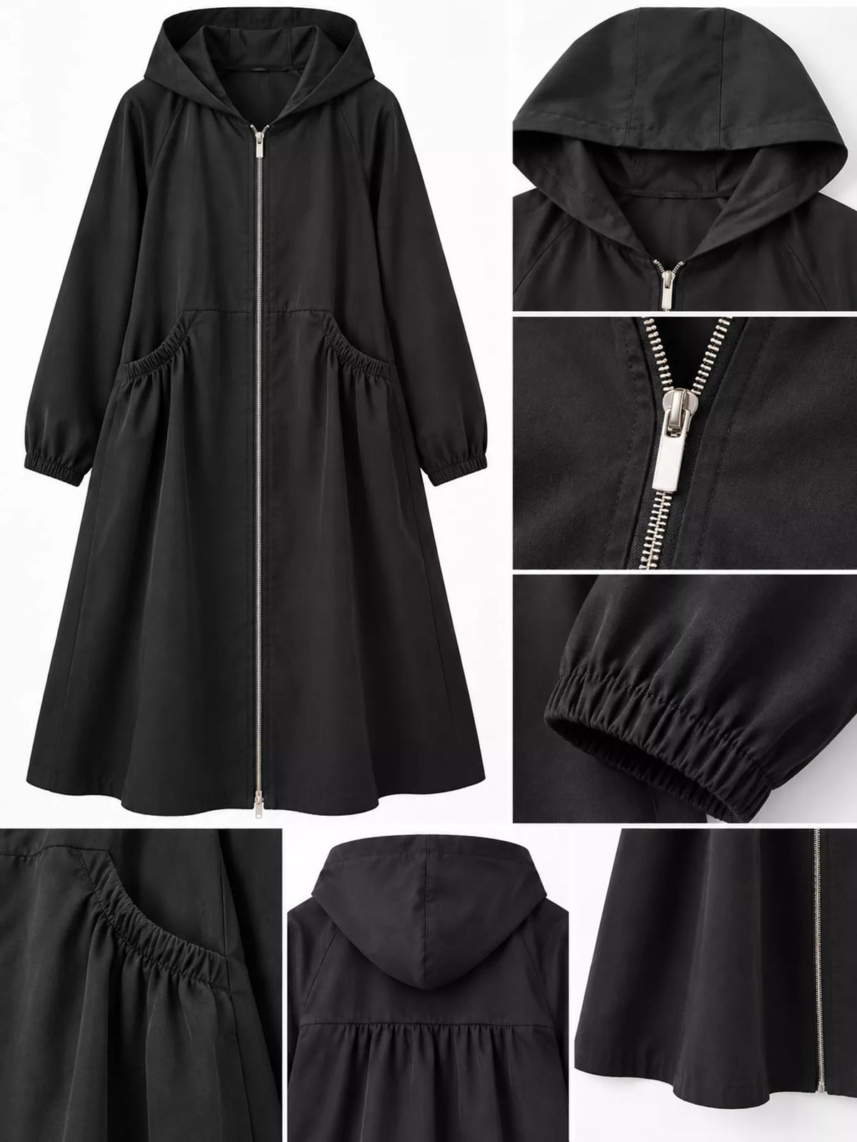 Plus Size Hooded Zip-Up Longline Windbreaker Outerwear