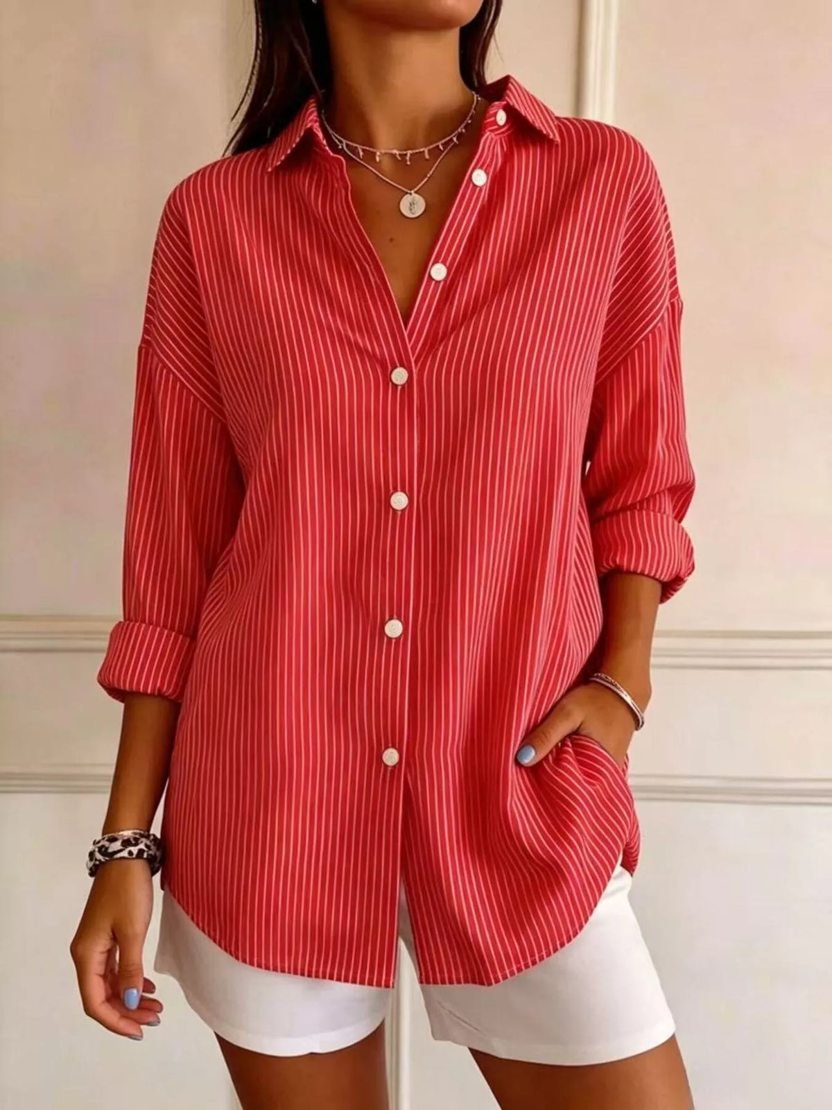 Full Size Striped Button-Down Long Sleeve Shirt Plus Size
