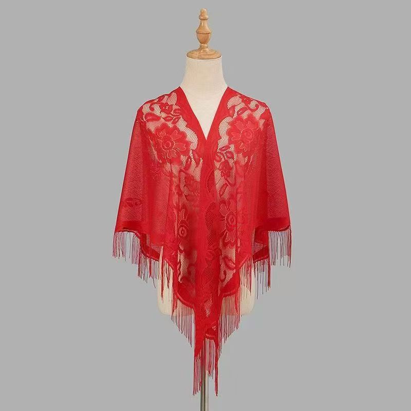 Womens Breathable Lace Triangle Shawl With Floral Design