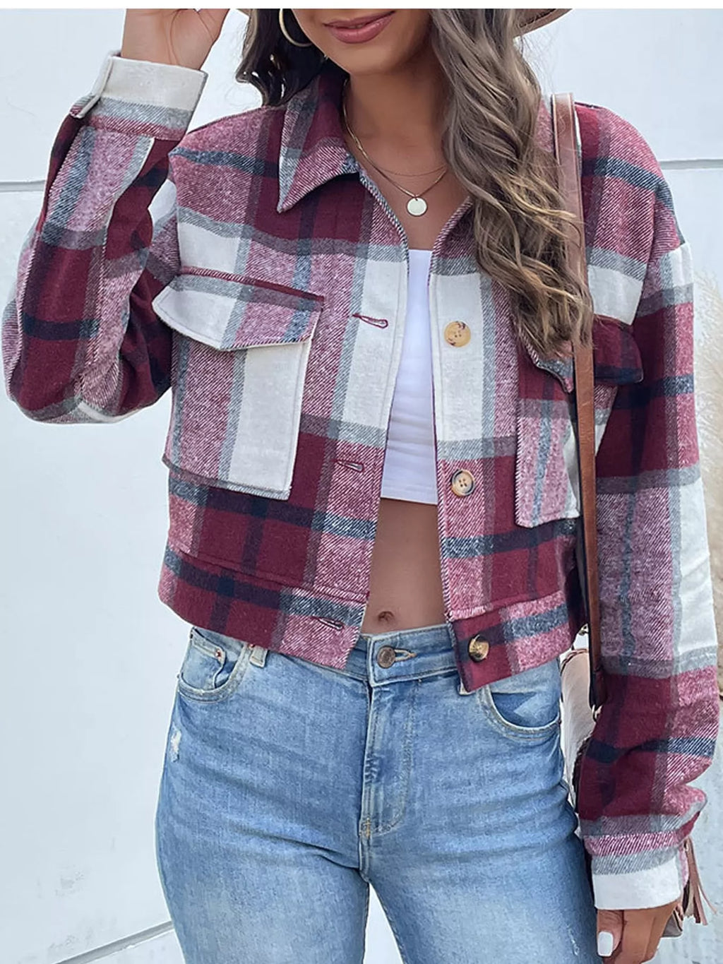Plaid Button-Front Cropped Jacket