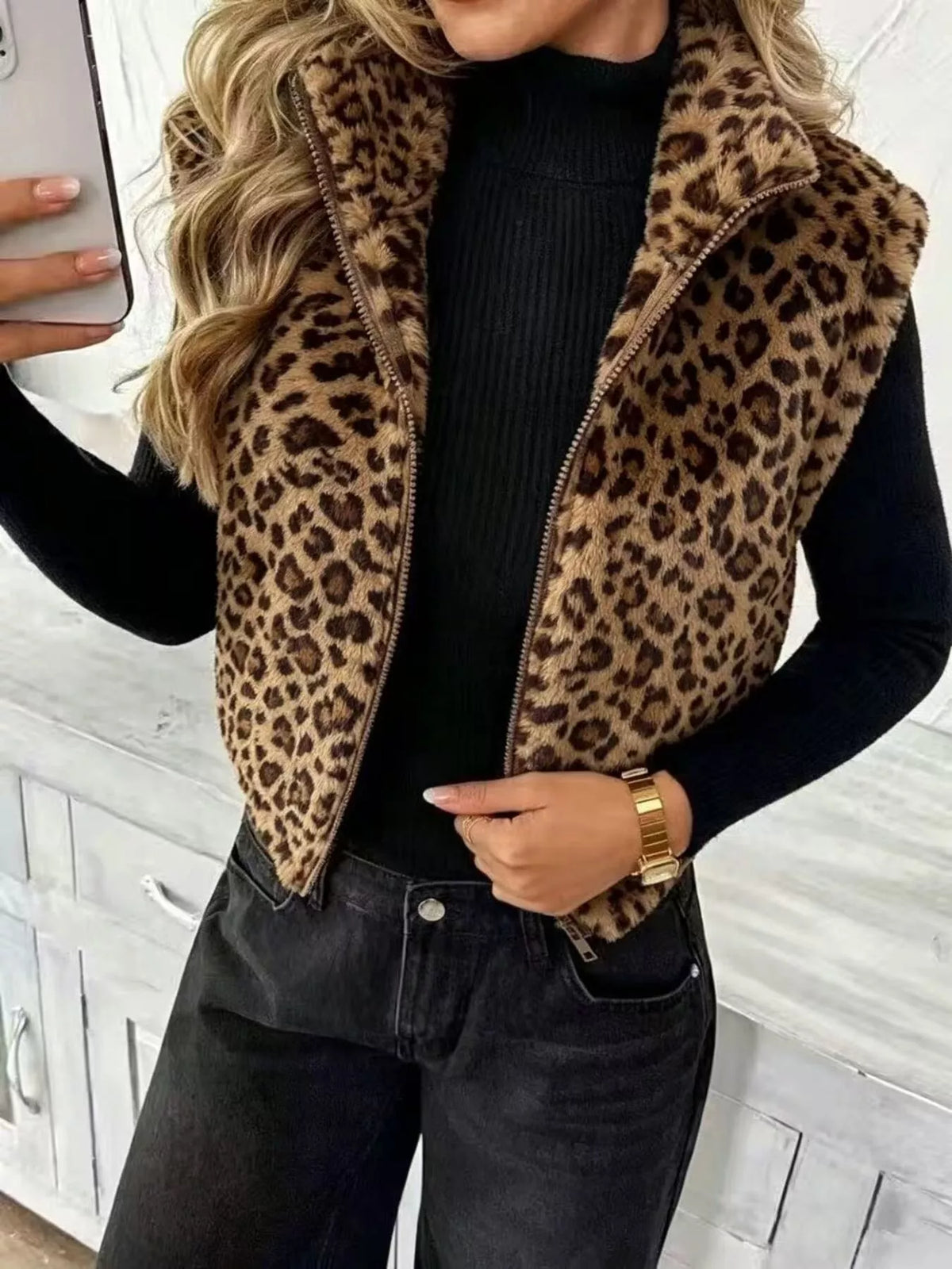Animal Print Zip Up Vest Coat