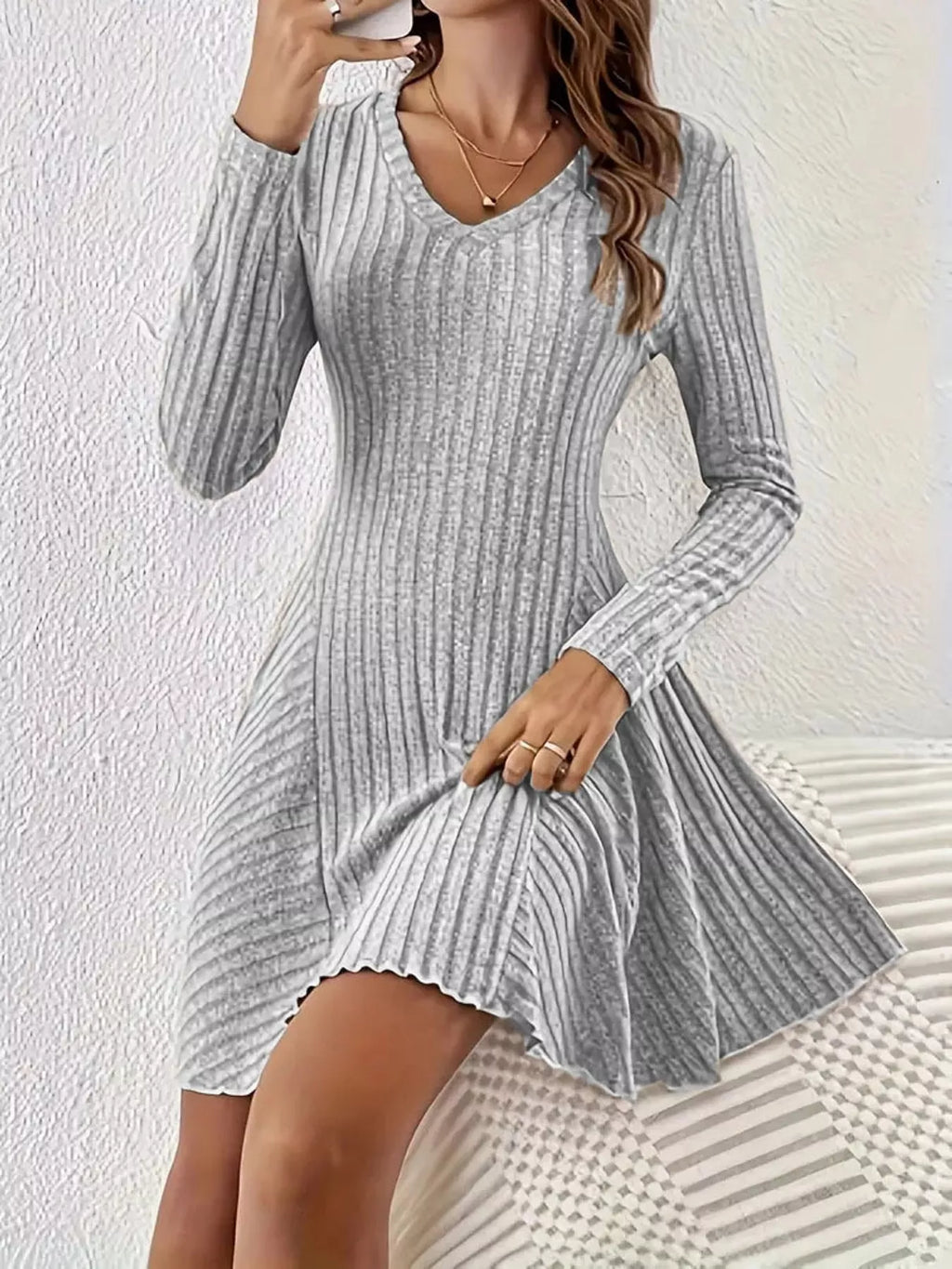 V-Neck Ribbed Knit A-Line Dress