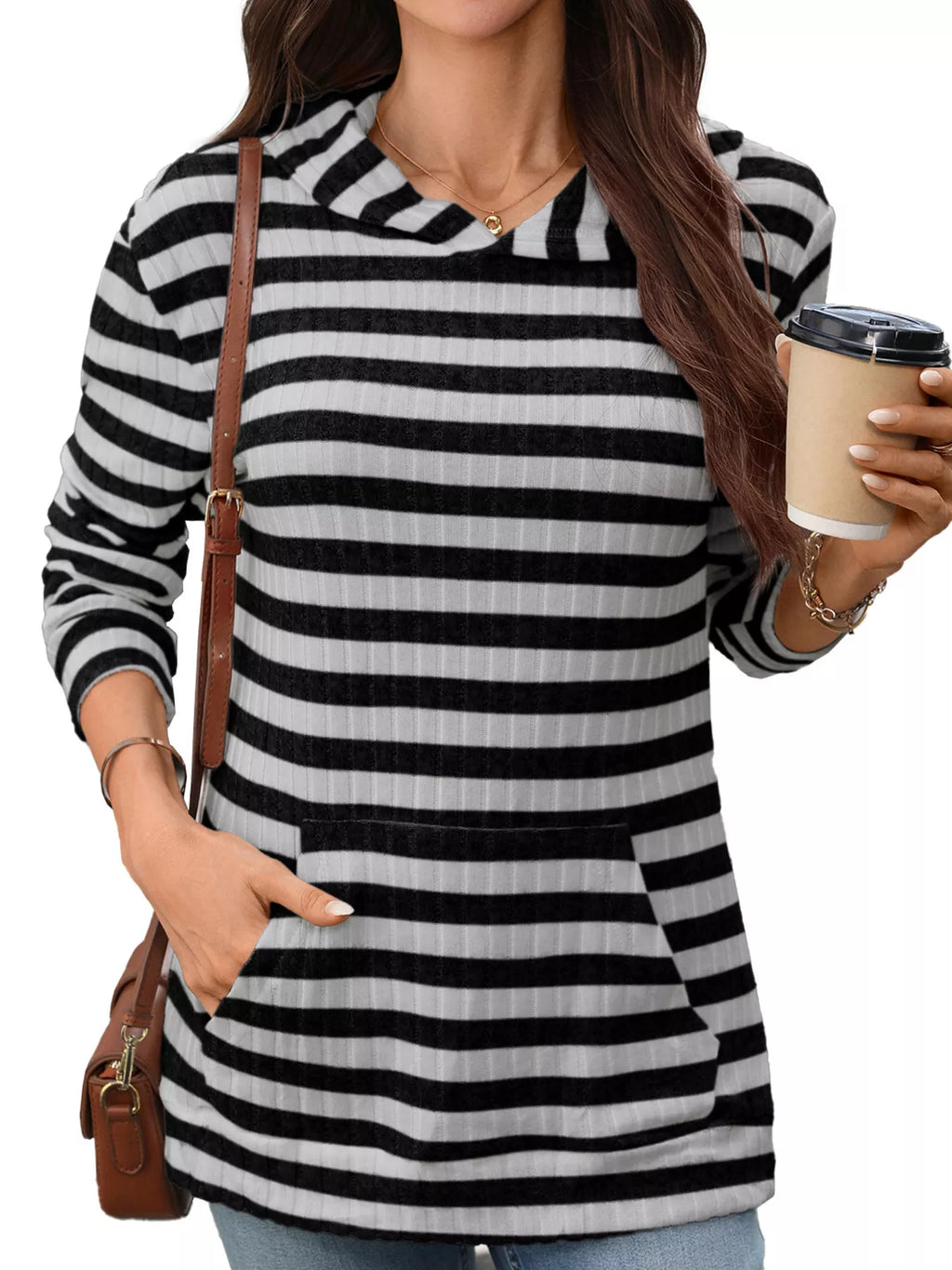 Casual Striped Ribbed Knit Hoodie with Kangaroo Pocket