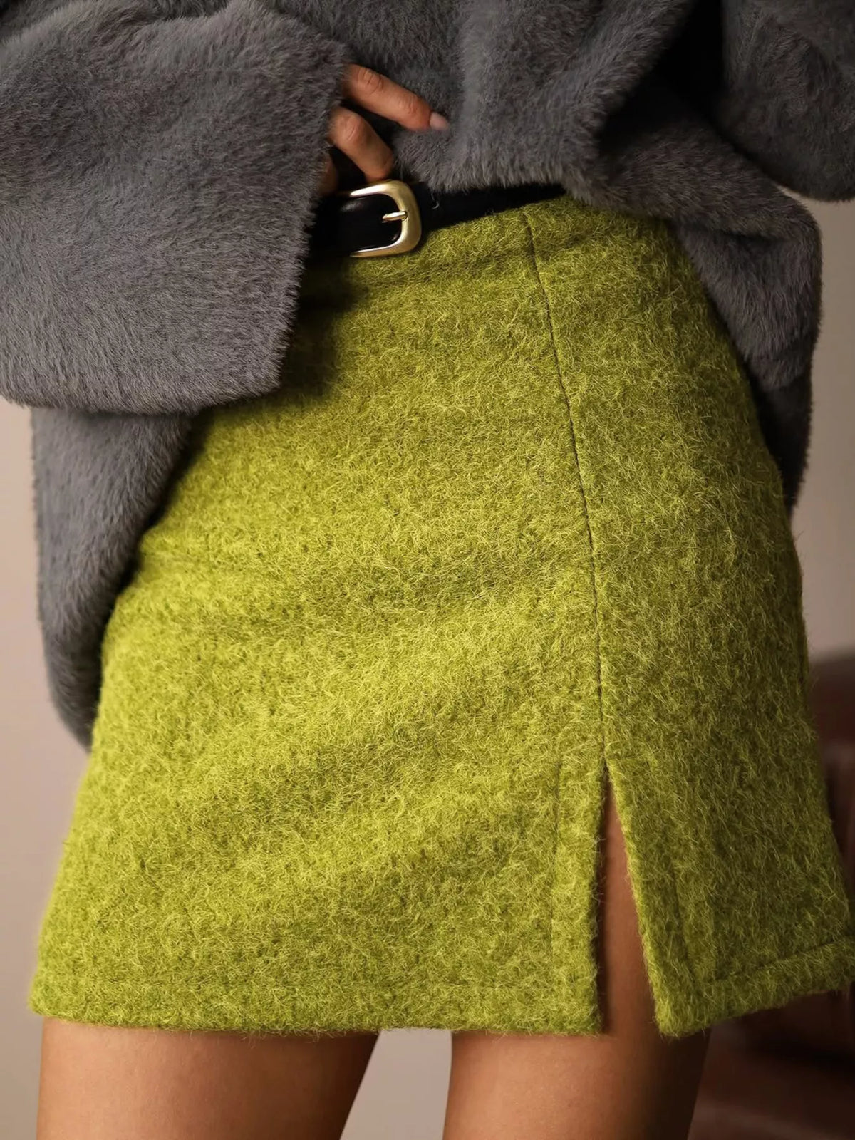 Textured Mini Skirt with Front Slit