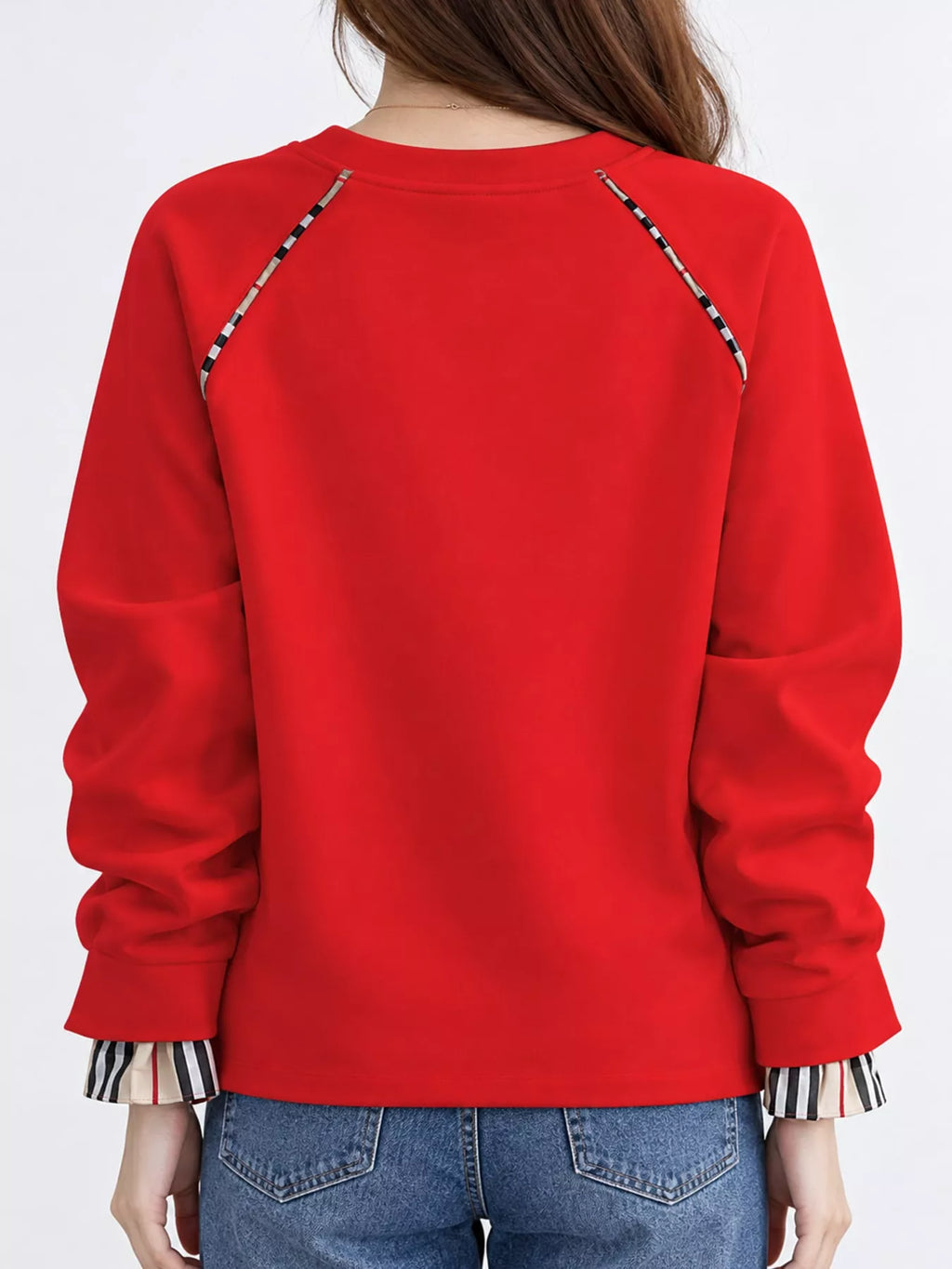 Plaid-Trimmed Crew Neck Sweatshirt