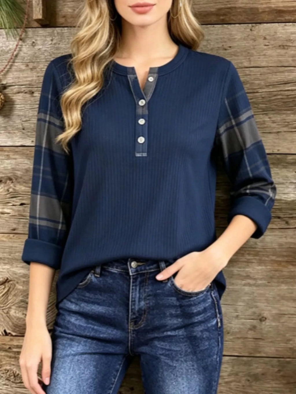 Full Size Ribbed Knit Henley T-Shirt with Plaid Contrast Sleeves Plus Size