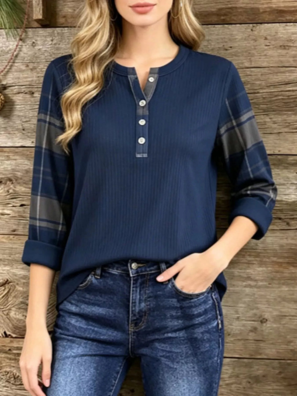 Full Size Ribbed Knit Henley T-Shirt with Plaid Contrast Sleeves Plus Size