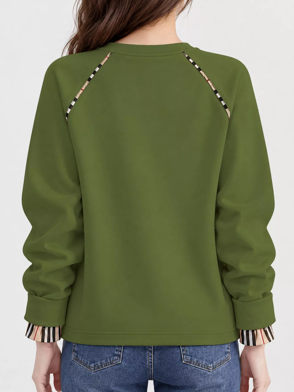Plaid-Trimmed Crew Neck Sweatshirt
