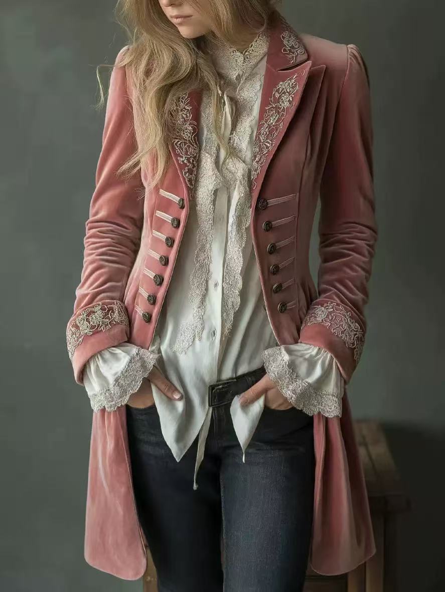 Womens Long-sleeve Solid-color Patchwork Lace Gold-velvet Coat