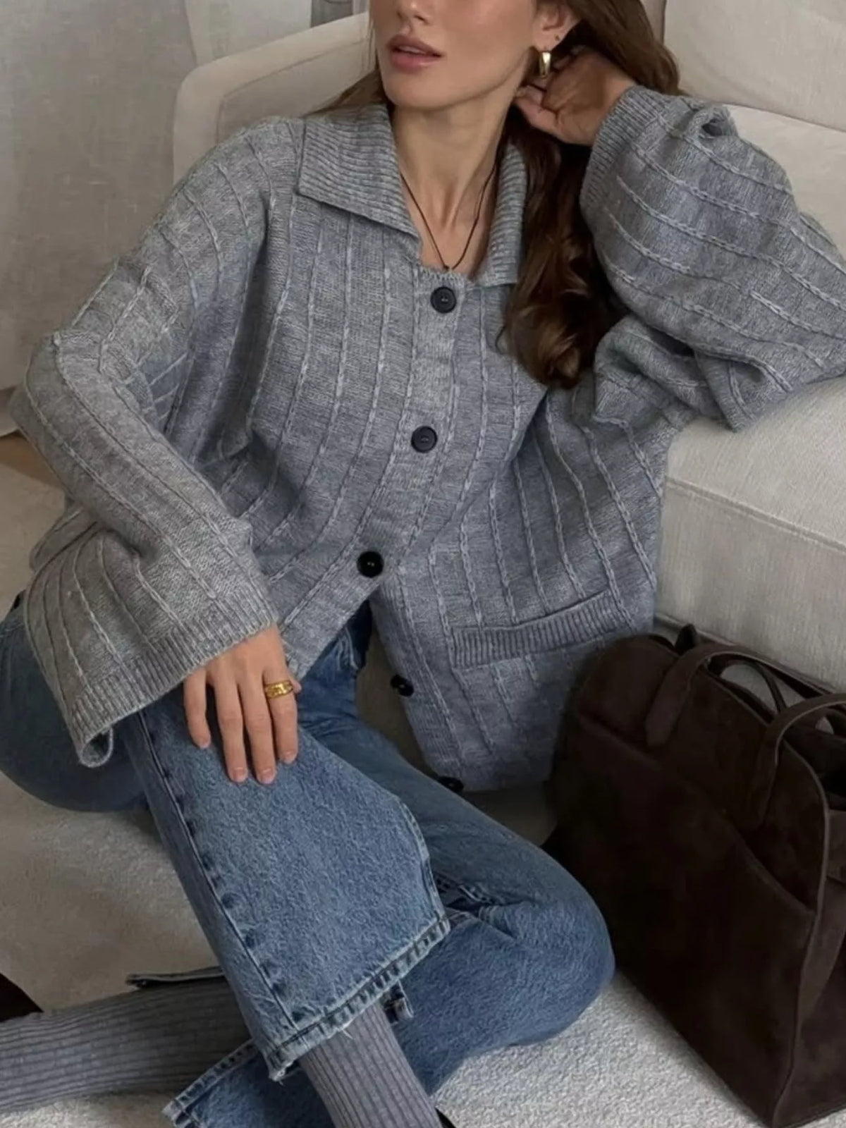 Texture Knit Cardigan with Wide Sleeves and Collar